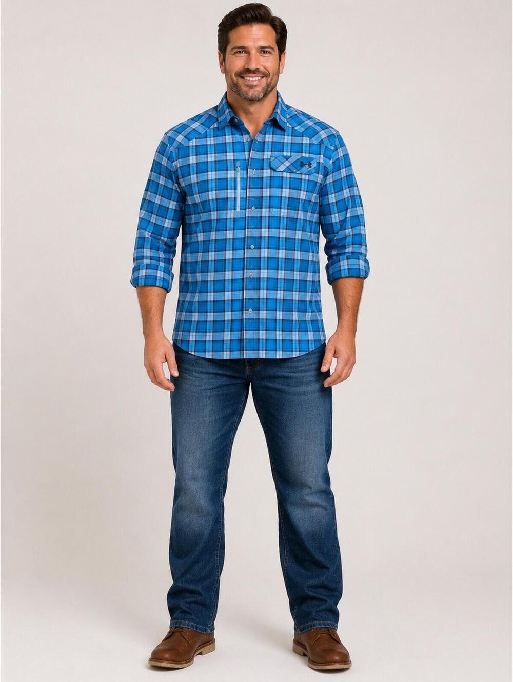Under Armour Men's L Nylon Shirt Vented Long Sleeve Button Blue Plaid Hiking